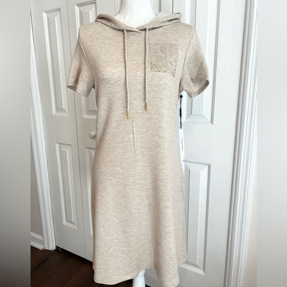 Calvin Klein Women’s Hooded Drawstring Dress with Studded CK Logo Sz S